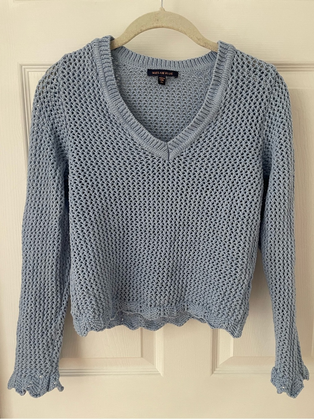 Light Blue Open Knit Cotton Cropped V-Neck Sweater